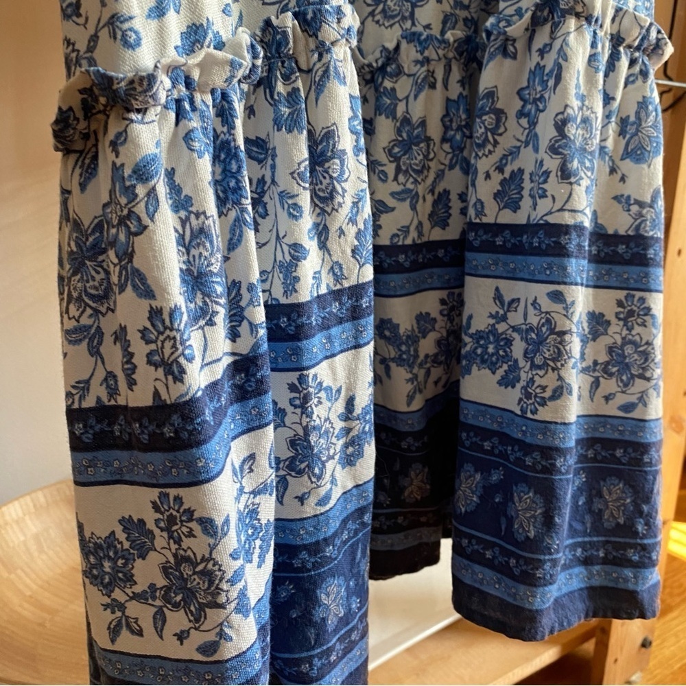By The River Blue White Porcelain Floral Print Linen Blend Cut Out Midi Dress L - Picture 6 of 16